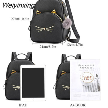 Weiyinxing FASHION Cartoon Cat Mini Cute Backpack Purse for Women Leisure Small Backpack Daypack PU Leather Shoulder Bag Fur Ball